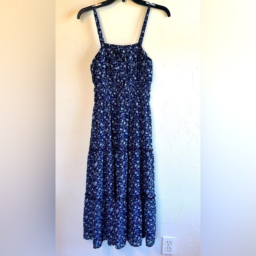 Blue Floral Spaghetti Strap Tiered Midi Dress with Back Cut Out Sz S